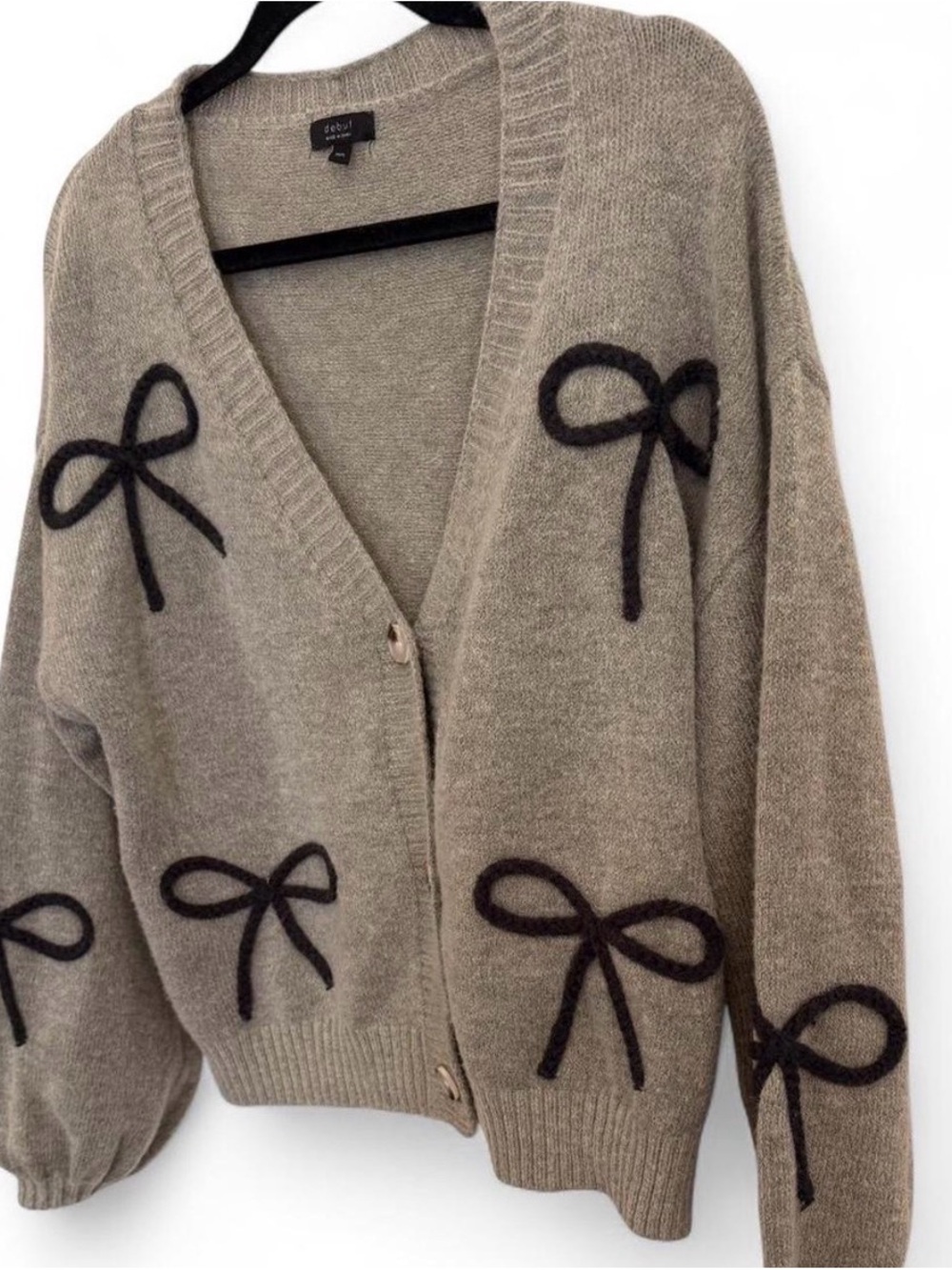 debut Taupe Cardigan with Dark Brown Bow Accents